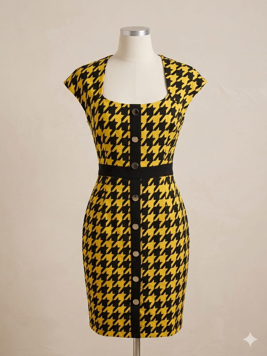 Vestido Amarillo y Negro Estampado Pata de Gallo